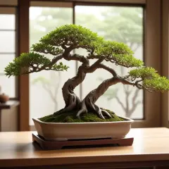 En vackert formad bonsai-tall, med sina knotiga grenar och frodiga gröna blad, står i en keramikskål på ett träbord.
