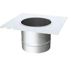 En fyrkantig plåt med ett runt hål i mitten, fäst vid ett runt rör. Kan användas som ett backspjäll för ventilation.