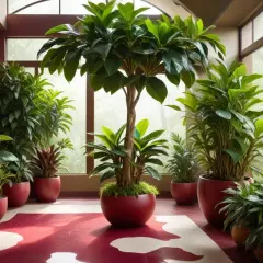 Ett rum fyllt med gröna växter, inklusive en ståtlig ficus microcarpa ginseng i mitten, omgivna av röda krukor och en mönstrad matta.
