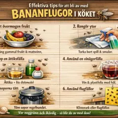 Effektiva tips för att bli av med bananflugor i köket: ta bort övermogen frukt, rengör ytor, sätt upp fällor med ättika eller vin. Töm soporna.