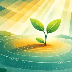 En grön planta växer i solljus, som en reflektor som lyser upp framtiden. Cirklar med siffror indikerar tillväxt.