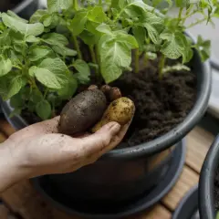 Hand håller nyskördade potatisar från en hink. En person visar stolt upp resultatet av att odla potatis i hink.