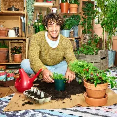 Glad man planterar sallad inomhus bland många andra växter.