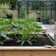 En pallkrage med frodiga zucchiniplantor och två små frukter. En grön vattenkanna och spade står redo.