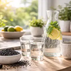 En skål med kolfilter-granulat bredvid glas med vatten och en karaff med citronvatten.