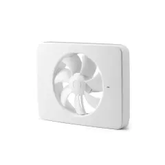 En vit, fyrkantig, **termostatstyrd friskluftsventil** med synliga fläktblad.