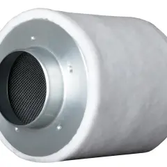 Cylindriskt kolfilter med metallände och perforerad insida.
