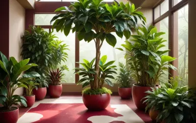 Ett rum fyllt med gröna växter, inklusive en ståtlig ficus microcarpa ginseng i mitten, omgivna av röda krukor och en mönstrad matta.
