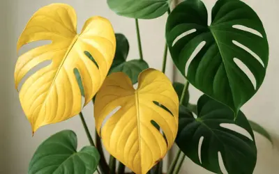 En monstera med slående gula blad lyser upp bland sina gröna syskon.