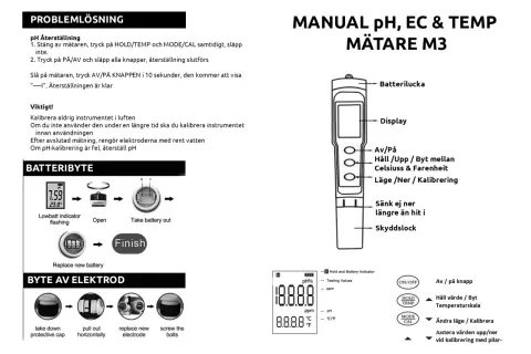 En bild som visar en pH-mätare med instruktioner för batteribyte och kalibrering. En ppm mätare är en del av denna enhet.