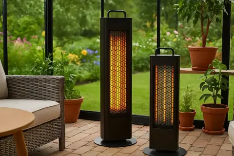 Två svarta, upprättstående element ger eco heat i en inglasad veranda med korgmöbler och växter.