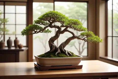 En vackert formad bonsai-tall, med sina knotiga grenar och frodiga gröna blad, står i en keramikskål på ett träbord.