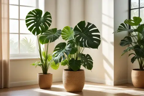 Stora, flikiga blad från en blomma monstera lyser upp rummet. Solen strilar in genom fönstret och skapar vackra skuggor på väggen.