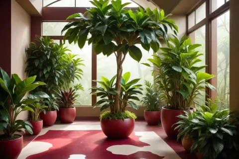 Ett rum fyllt med gröna växter, inklusive en ståtlig ficus microcarpa ginseng i mitten, omgivna av röda krukor och en mönstrad matta.