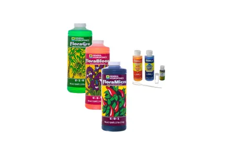 General Hydroponics Flora-serie med näring och pH-justerare för hydroponisk odling.