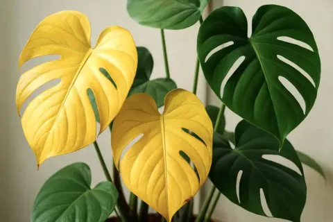 En monstera med slående gula blad lyser upp bland sina gröna syskon.