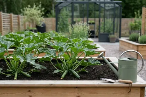 En pallkrage med frodiga zucchiniplantor och två små frukter. En grön vattenkanna och spade står redo.