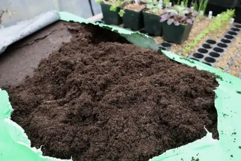 En stor hög med mörk blomjord ligger i en öppen grön plastpåse. I bakgrunden syns små plantor i krukor.