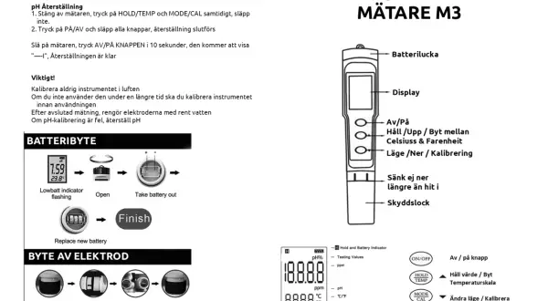 En bild som visar en pH-mätare med instruktioner för batteribyte och kalibrering. En ppm mätare är en del av denna enhet.