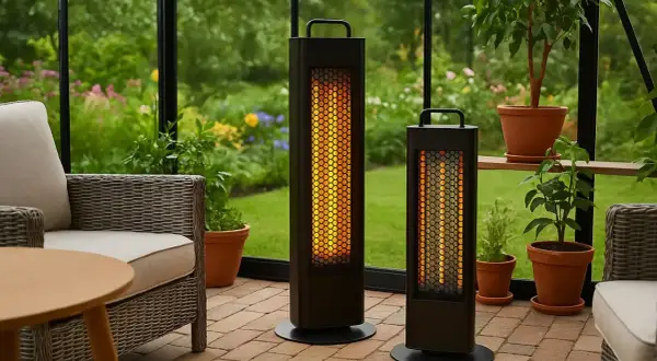 Två svarta, upprättstående element ger eco heat i en inglasad veranda med korgmöbler och växter.