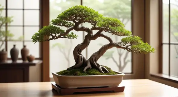 En vackert formad bonsai-tall, med sina knotiga grenar och frodiga gröna blad, står i en keramikskål på ett träbord.
