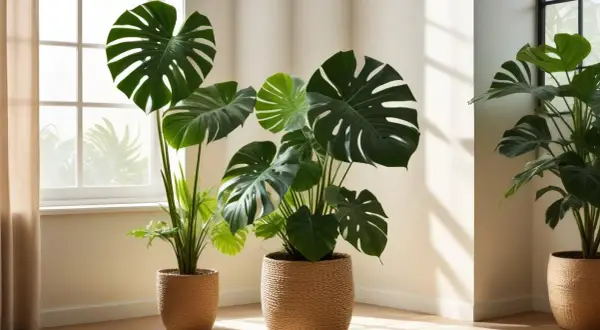 Stora, flikiga blad från en blomma monstera lyser upp rummet. Solen strilar in genom fönstret och skapar vackra skuggor på väggen.