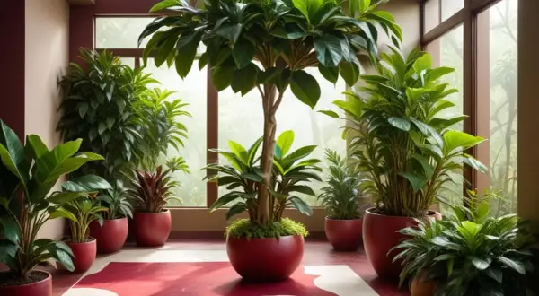 Ett rum fyllt med gröna växter, inklusive en ståtlig ficus microcarpa ginseng i mitten, omgivna av röda krukor och en mönstrad matta.