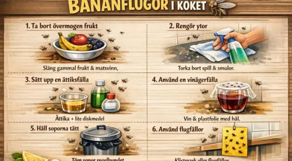 Effektiva tips för att bli av med bananflugor i köket: ta bort övermogen frukt, rengör ytor, sätt upp fällor med ättika eller vin. Töm soporna.