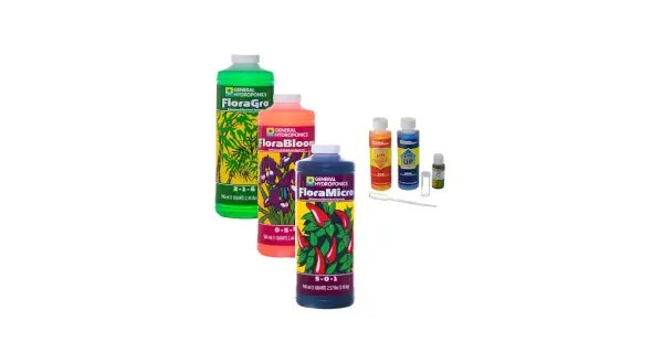 General Hydroponics Flora-serie med näring och pH-justerare för hydroponisk odling.