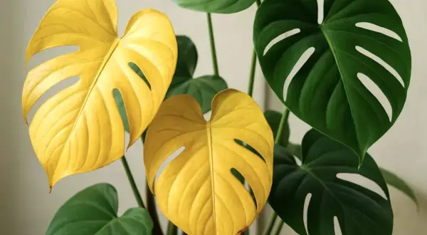 En monstera med slående gula blad lyser upp bland sina gröna syskon.