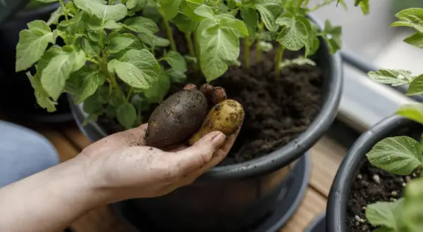 Hand håller nyskördade potatisar från en hink. En person visar stolt upp resultatet av att odla potatis i hink.