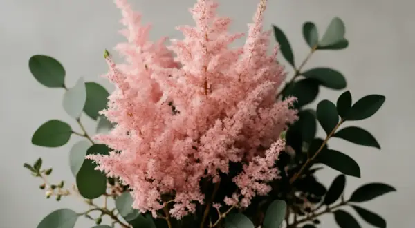 En fluffig, rosa astilbe i kruka omgiven av mörkgröna blad.