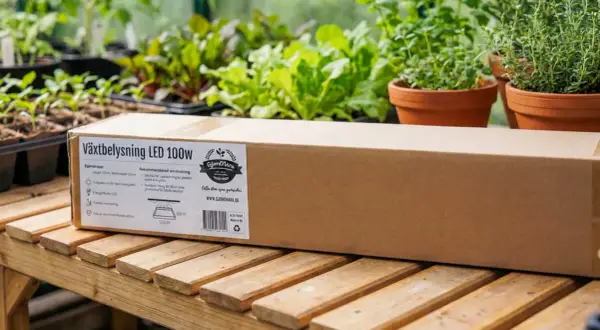 En kartong med växtbelysning LED 100W ligger på ett träbord bland plantor. Perfekt för att ge dina grönsaker extra ljus.