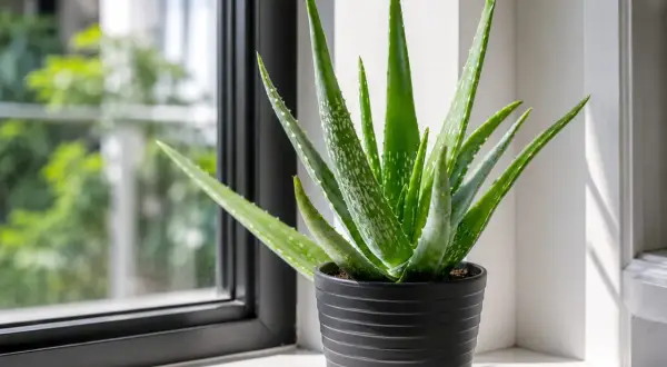 En frodig aloe vera planta i en svart kruka står på en fönsterbräda. Dess gröna blad med vita prickar sträcker sig mot ljuset.