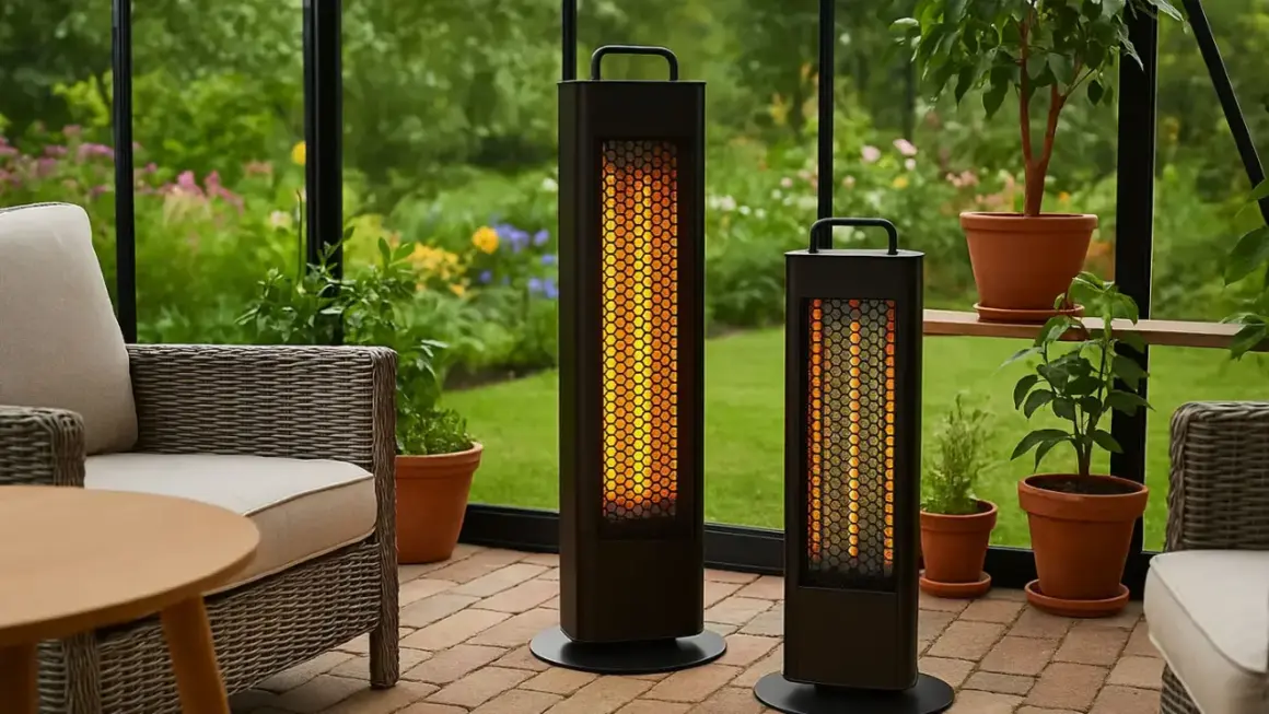 Två svarta, upprättstående element ger eco heat i en inglasad veranda med korgmöbler och växter.