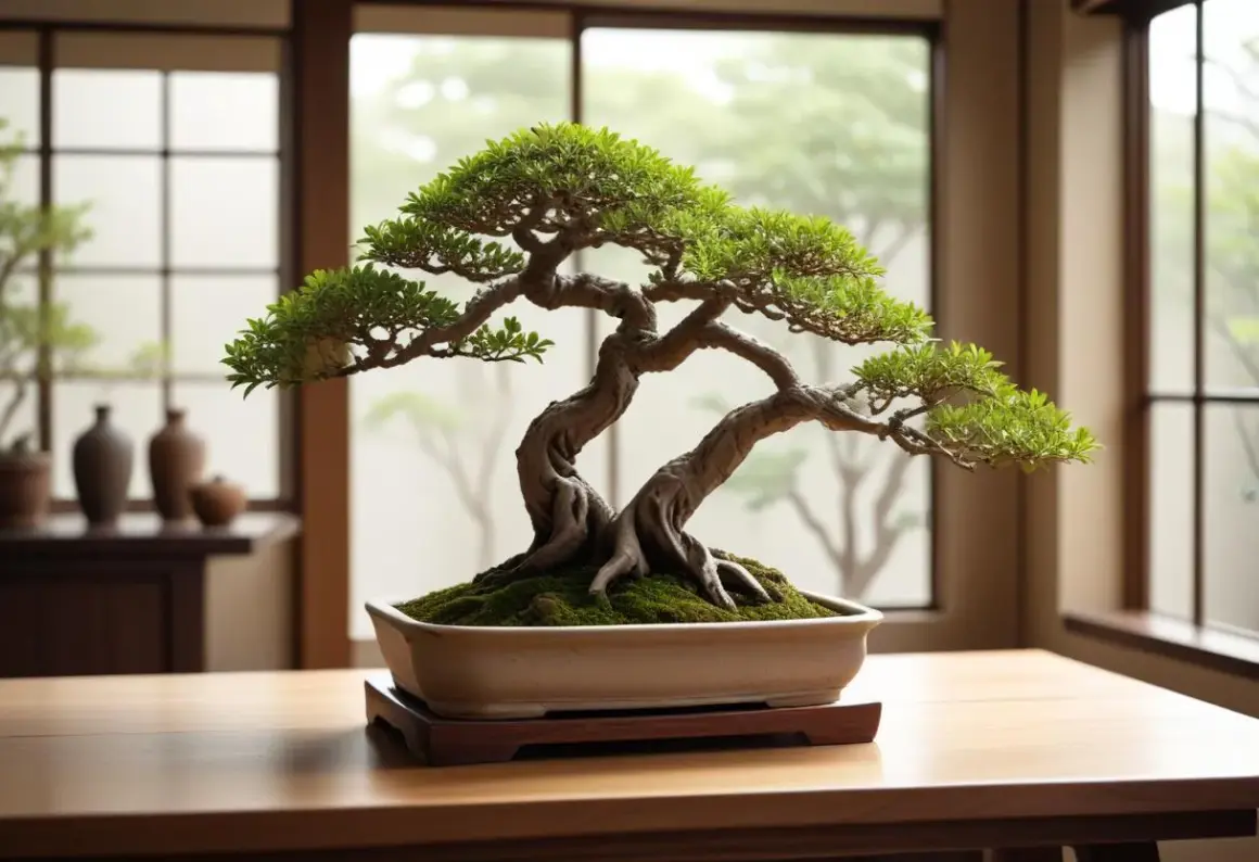 En vackert formad bonsai-tall, med sina knotiga grenar och frodiga gröna blad, står i en keramikskål på ett träbord.