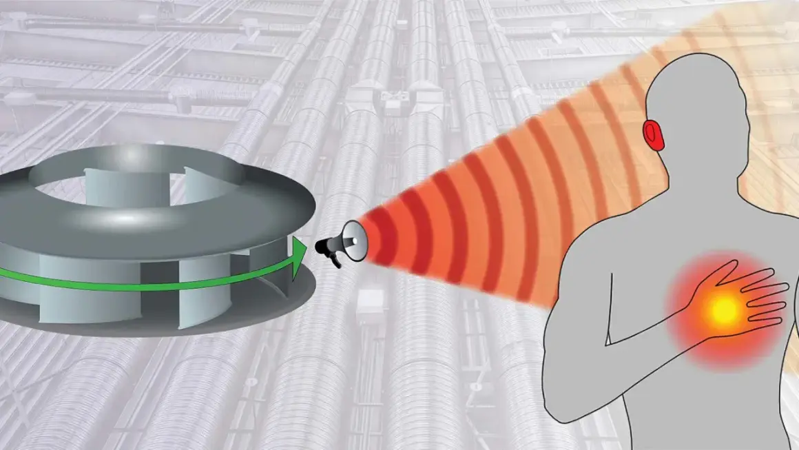 En fläkt som avger ljudvågor mot en person. En fan controler kan reglera detta.