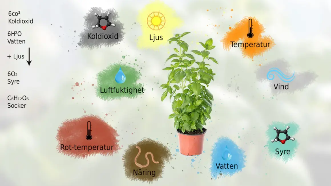 En grön planta växer i en kruka, omgiven av symboler för ljus, koldioxid, vatten, näring och temperatur, som alla påverkar dess tillväxt.