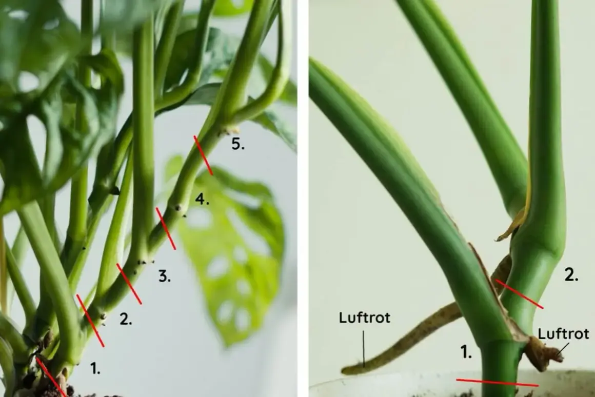 Monstera-sticklingar med numrerade snitt och luftrötter. Perfekt för att föröka din Monstera.