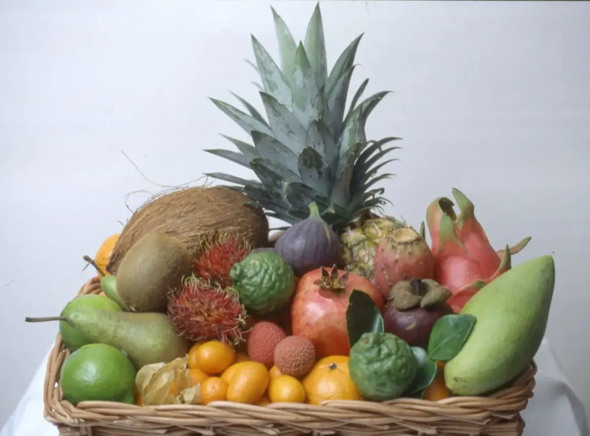 En korg fylld med exotiska frukter, inklusive en ananas som ser ut att vara redo att plantera.