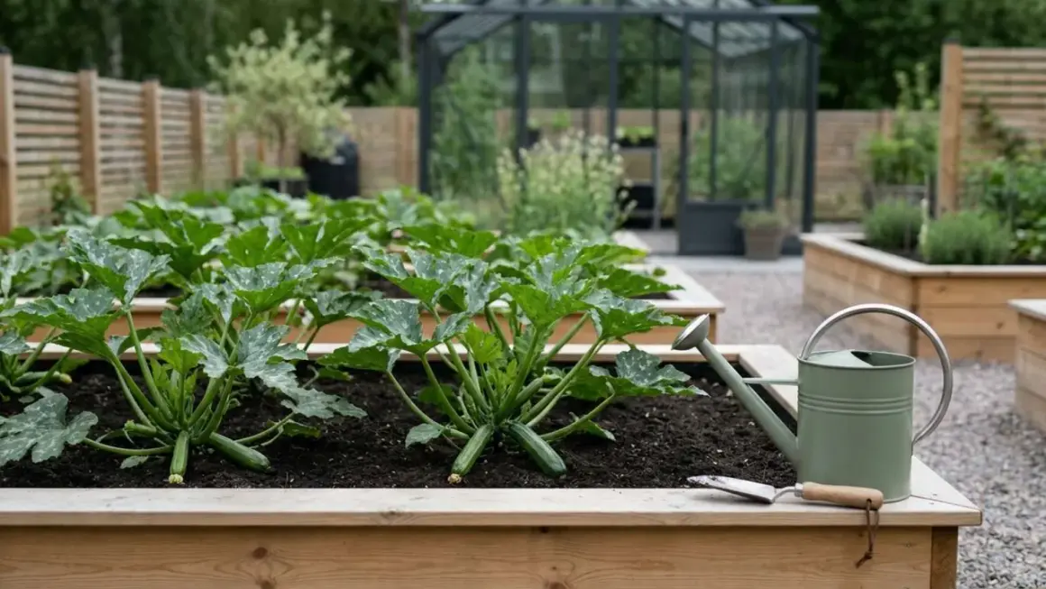 En pallkrage med frodiga zucchiniplantor och två små frukter. En grön vattenkanna och spade står redo.