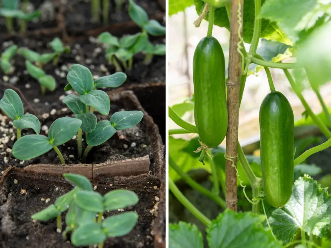 Små gurkplantor i krukor till vänster, och två mogna gurka baby som hänger på en planta till höger.