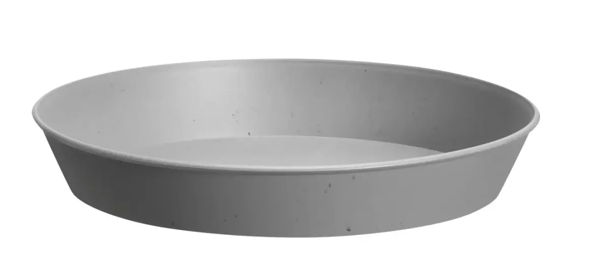 Grått krukfat i plast, perfekt för att samla upp överflödigt vatten från krukor.