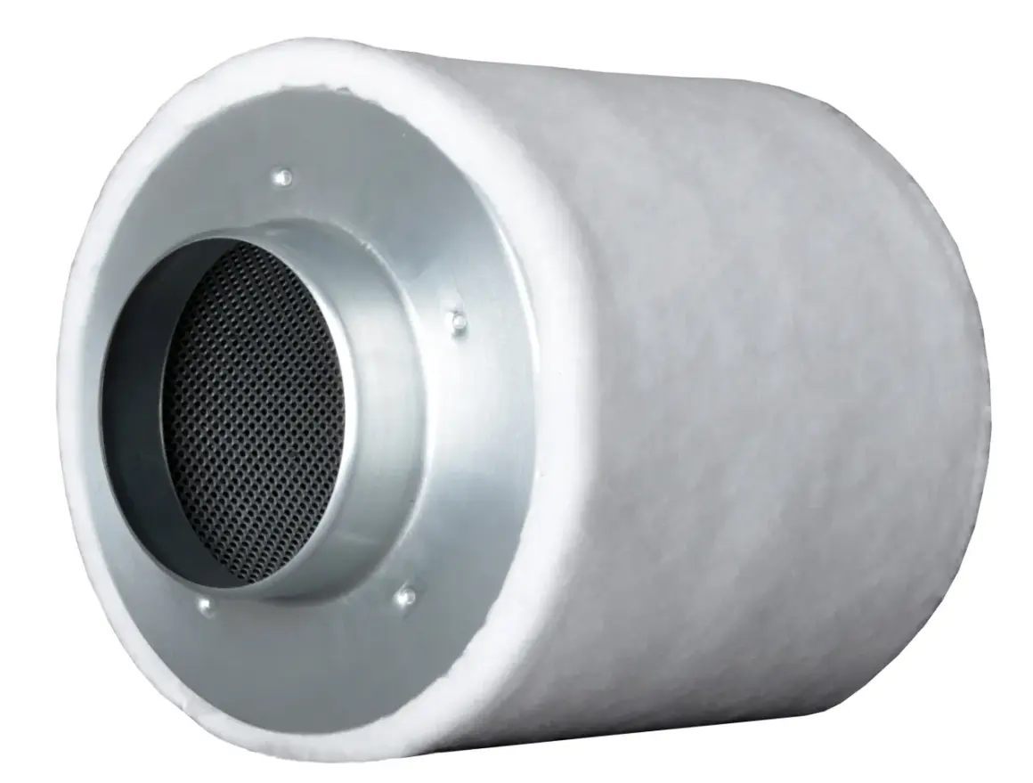 Cylindriskt kolfilter med metallände och perforerad insida.