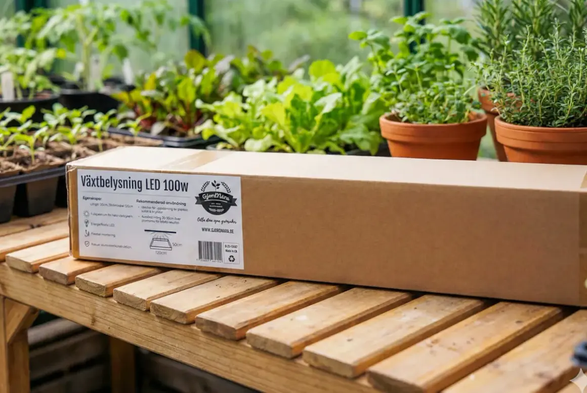 En kartong med växtbelysning LED 100W ligger på ett träbord bland plantor. Perfekt för att ge dina grönsaker extra ljus.