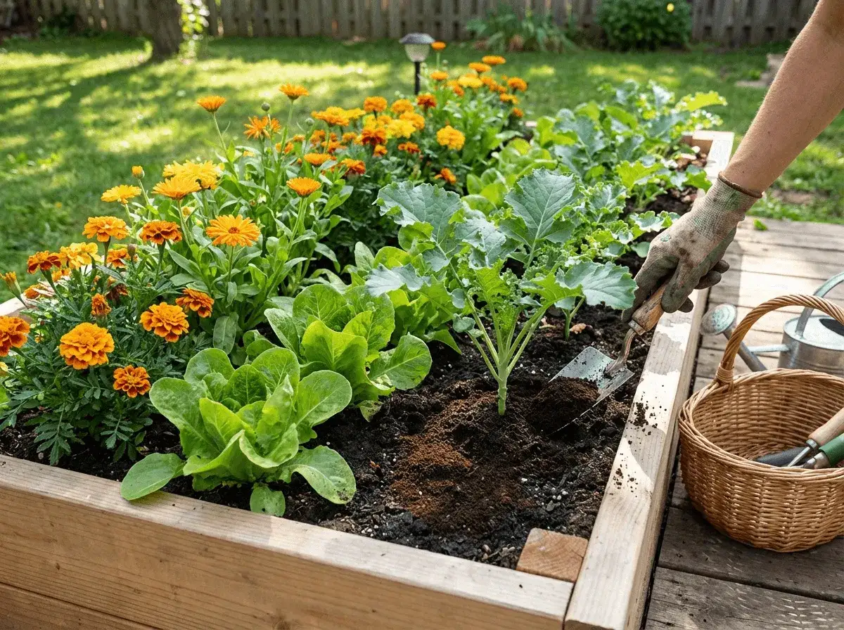 En upphöjd bädd med sallat, kål och orange blommor. En hand med handske planterar med en spade, där kaffesump rabarber blandas i jorden.