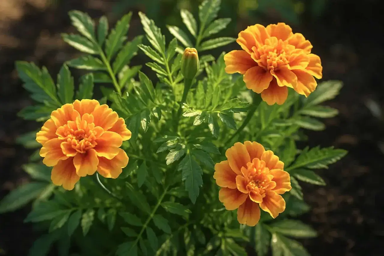 Tre lysande orange tagetes blommar i solljuset, omgivna av frodig grönska. En knopp väntar på att slå ut.
