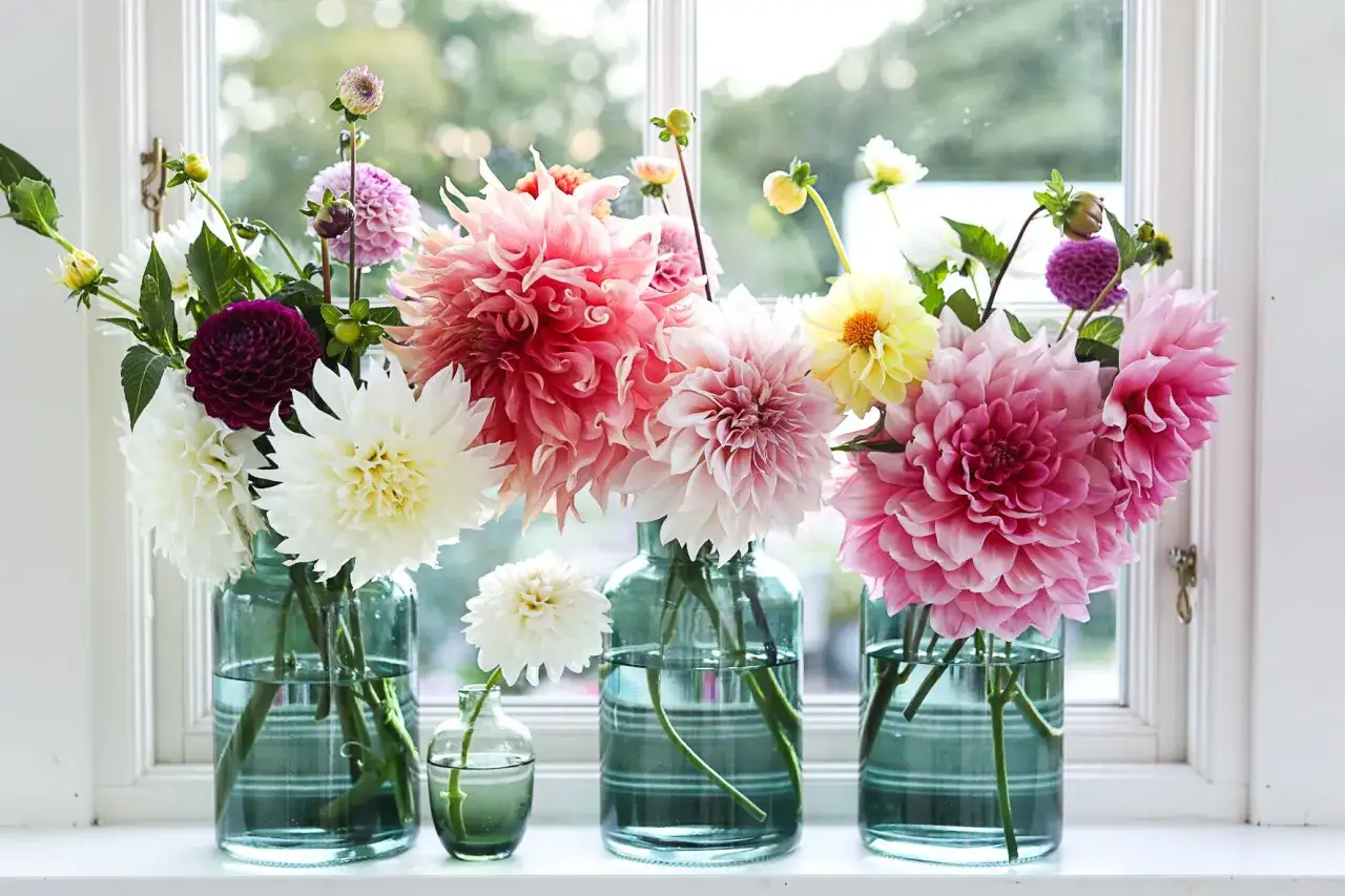 En bukett med dahlia jord i olika färger, från vitt och rosa till lila och gult, står i glasvaser på en fönsterbräda.