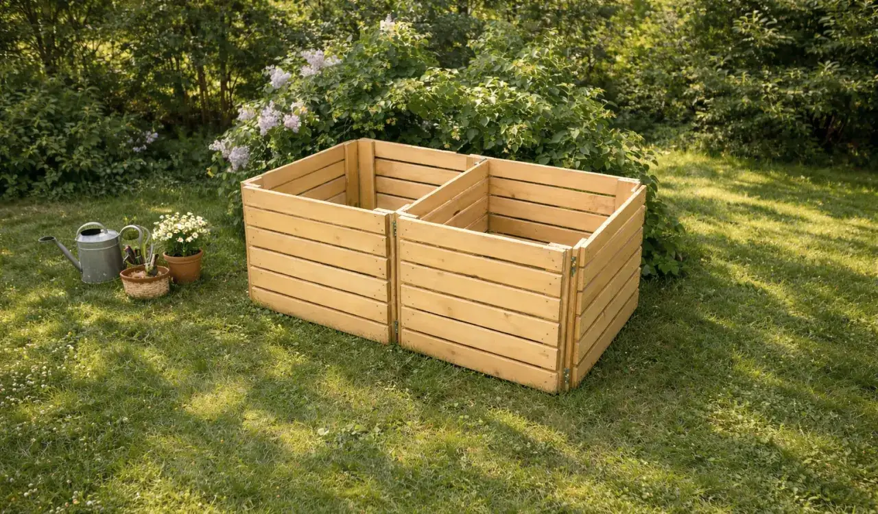 Två sektioner av en nybyggd kompostbehållare i trä står på en gräsmatta. Bredvid står en vattenkanna och krukor med blommor, redo för trädgårdsarbete och att bygga kompost.