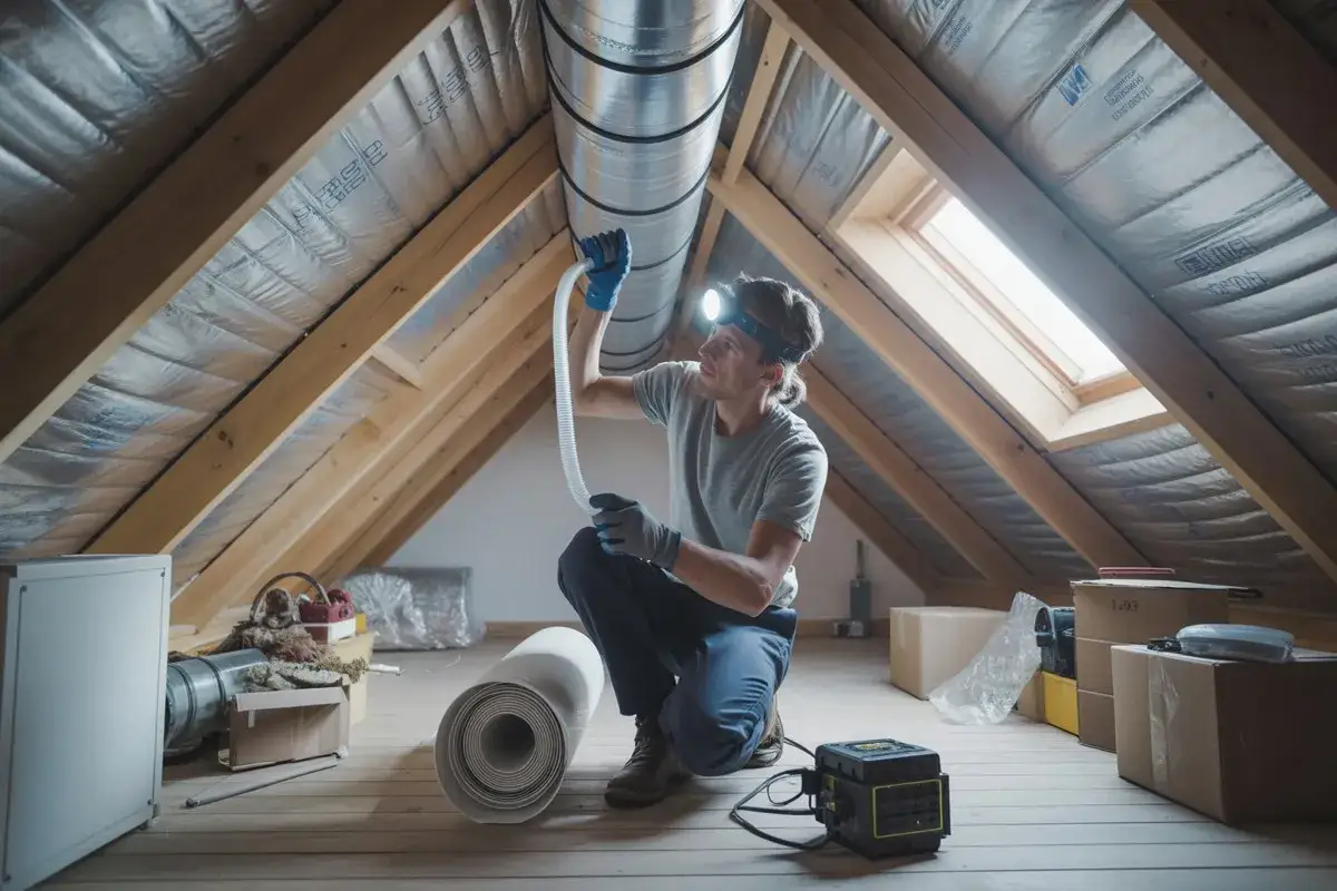 Man i vindsvåning arbetar med ventilation, håller i en flexibel slang som ansluts till ett stort rör. En väggstos 125 kan vara en del av detta system.